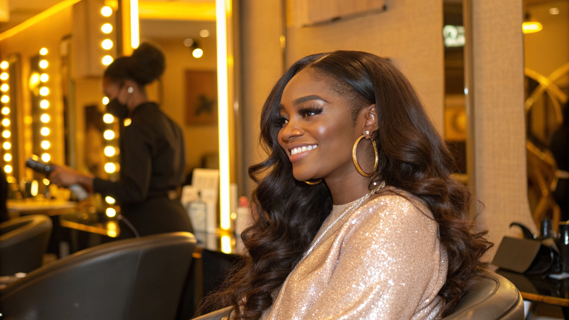 Diverse woman with luxurious hair extensions showcasing elegance and beauty